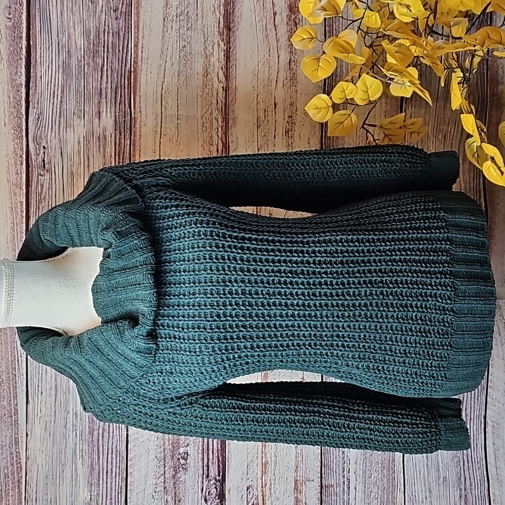 GRACE PINE GREEN LOOSE KNIT CHUNKY COWELNECK PULLOVER SWEATER - Picture 2 of 12